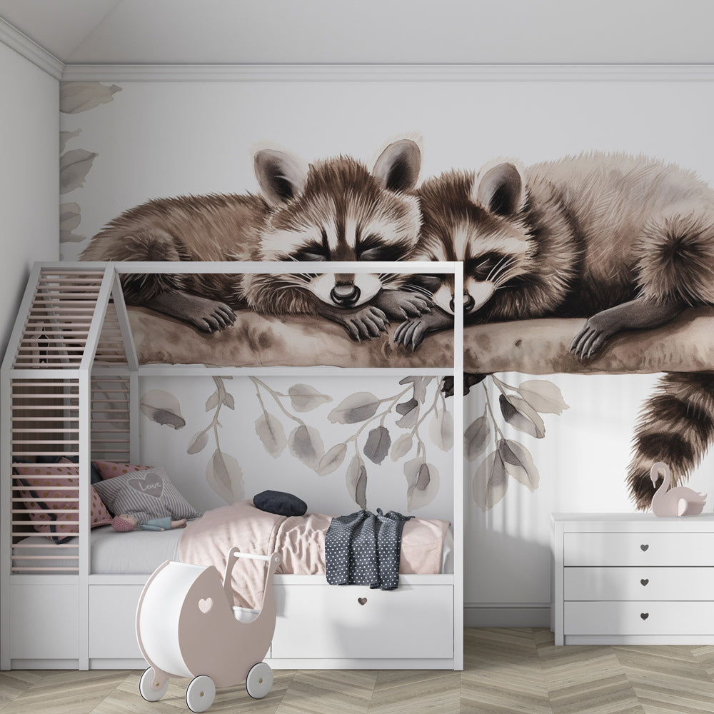 Woodland raccoon mural wallpaper complementing nature-themed playroom decor by Kids-Mundo