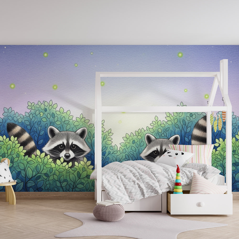 Nature-themed raccoon wallpaper transforming children's playroom into enchanted forest space