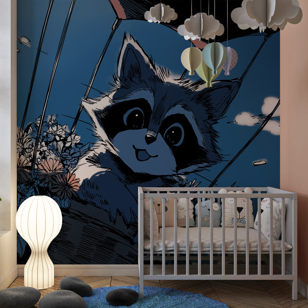 Sky-themed raccoon mural wallpaper with clouds in bright kids playroom setting