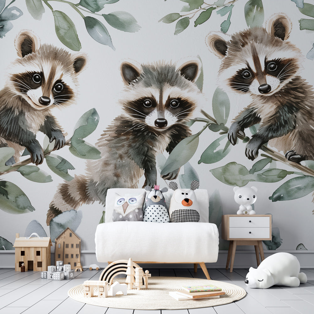 Playful raccoon woodland wallpaper creating cozy kids bedroom atmosphere