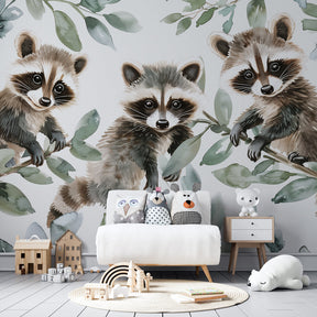 Playful raccoon woodland wallpaper creating cozy kids bedroom atmosphere