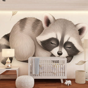 Dreamy raccoon cloud wallpaper creating peaceful atmosphere in kids bedroom