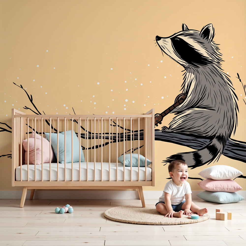 Raccoon musician mural wallpaper creating magical atmosphere in modern nursery by Kids-Mundo