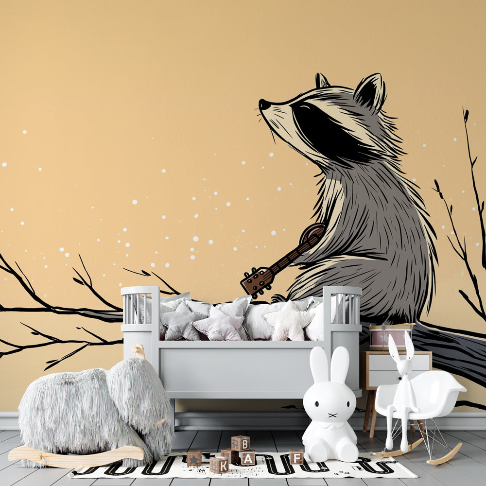 Whimsical raccoon guitar player wallpaper in cozy toddler room setting by Kids-Mundo
