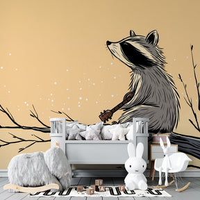Whimsical raccoon guitar player wallpaper in cozy toddler room setting by Kids-Mundo