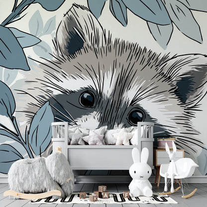 Kids-Mundo raccoon leaf wall mural decorating a calm blue-toned kids bedroom wall