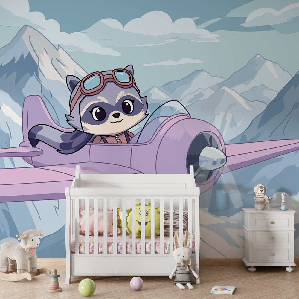Pink plane adventure mural wallpaper transforming kids bedroom into sky wonderland