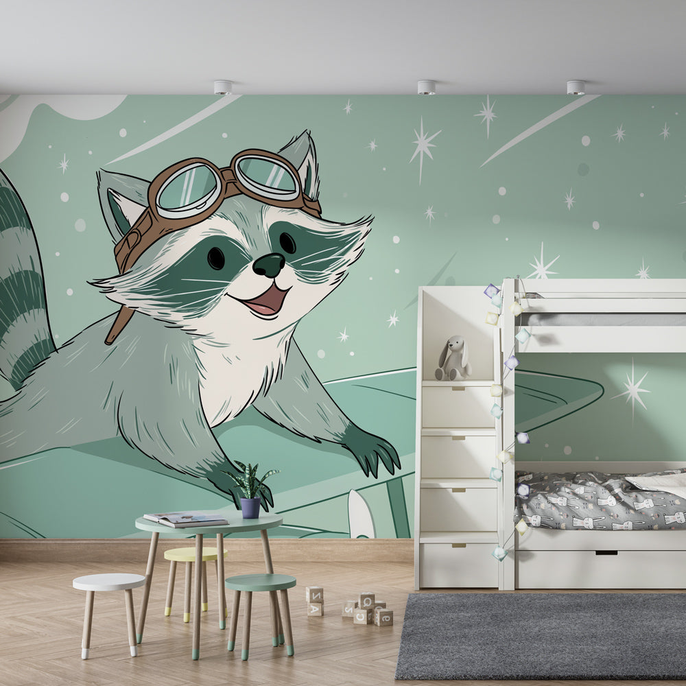 Charming raccoon aviator mural wallpaper transforming kids bedroom with adventure theme