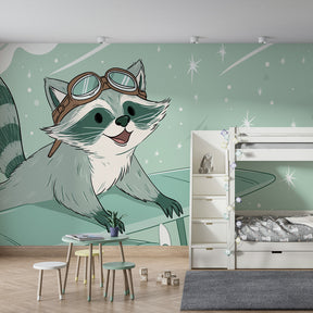 Charming raccoon aviator mural wallpaper transforming kids bedroom with adventure theme