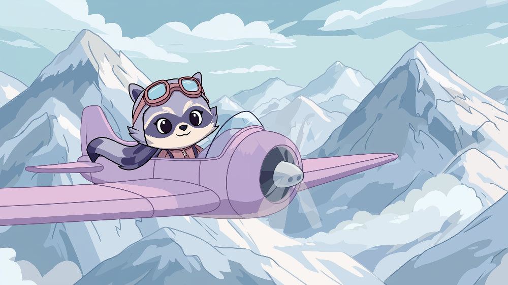 Detailed flying raccoon in pink plane mural wallpaper design pattern by Kids-Mundo