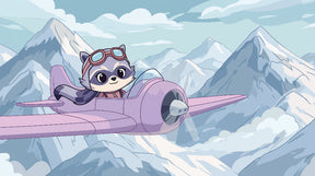 Detailed flying raccoon in pink plane mural wallpaper design pattern by Kids-Mundo