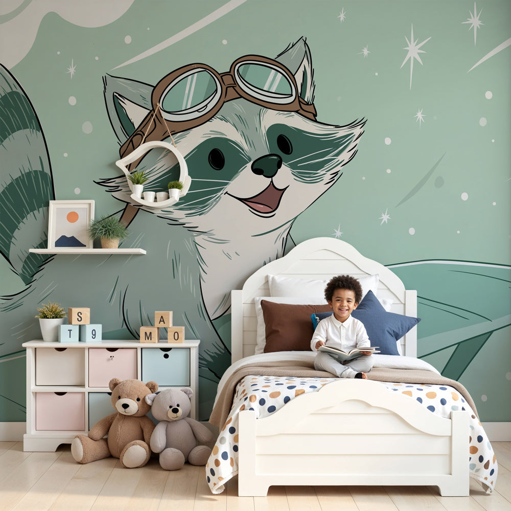 Raccoon pilot mural wallpaper creating magical nursery decor with starry sky theme by Kids-Mundo