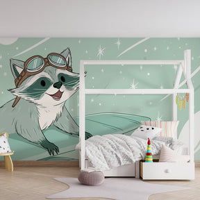 Starry sky raccoon pilot wallpaper creating whimsical playroom atmosphere for children