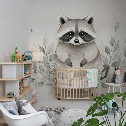 Kids-Mundo raccoon wall mural styled in a cosy kids bedroom with warm cream bedding