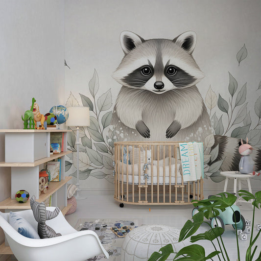 Kids-Mundo raccoon wall mural styled in a cosy kids bedroom with warm cream bedding
