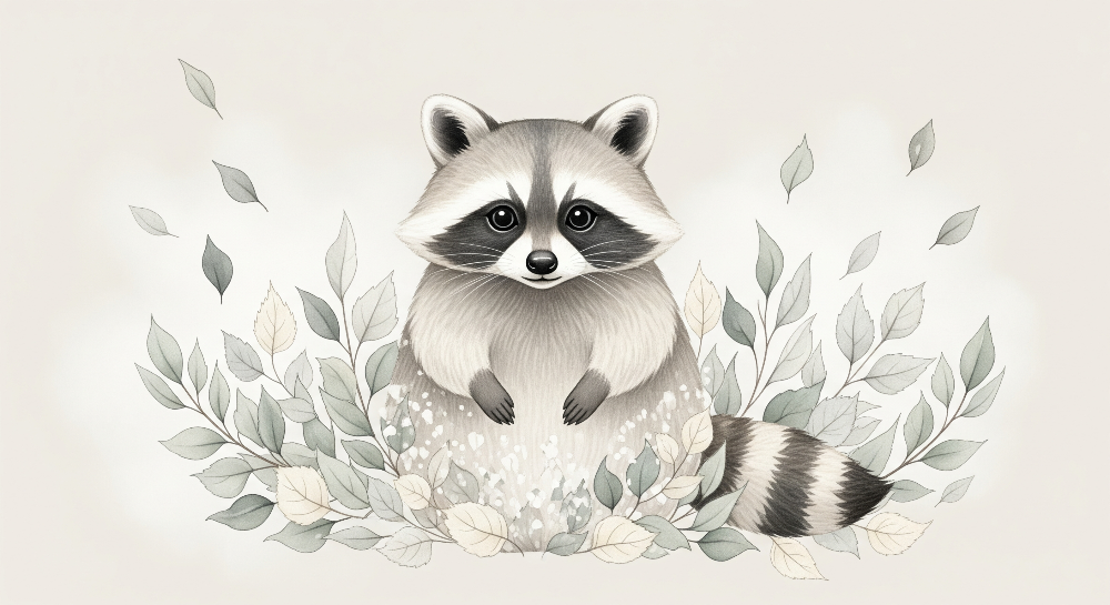 Woodland Raccoon in Delicate Foliage Wall Mural
