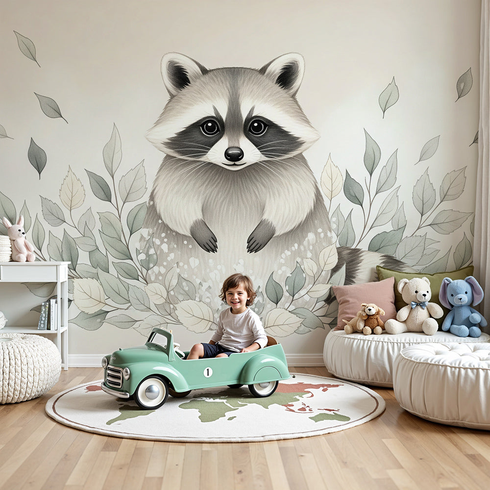 Kids-Mundo woodland raccoon wall mural in a soft grey nursery with cot and cream curtains