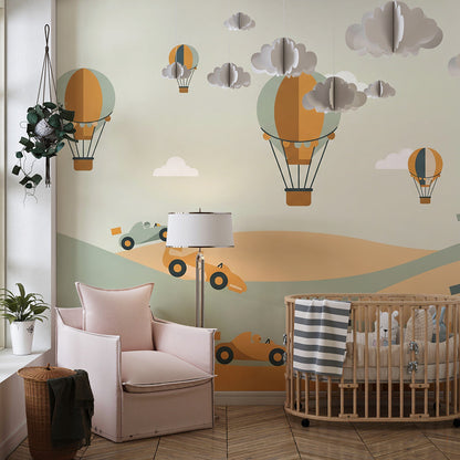 Kids-Mundo race car and hot air balloon mural styled in a kids bedroom with green hills