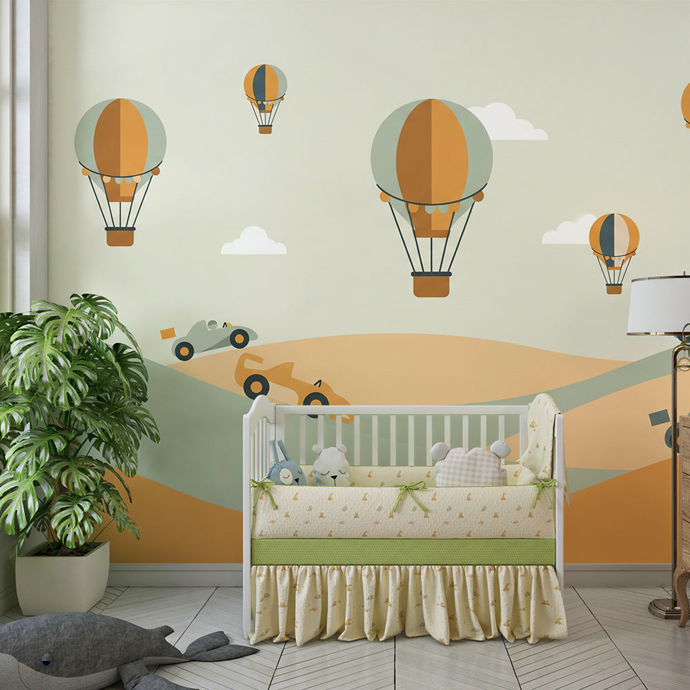 Kids-Mundo retro race car wall mural brightening a playroom with striped hot air balloons
