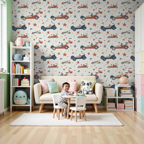 Vintage racing cars mural wallpaper creating dynamic boys bedroom decor by Kids-Mundo