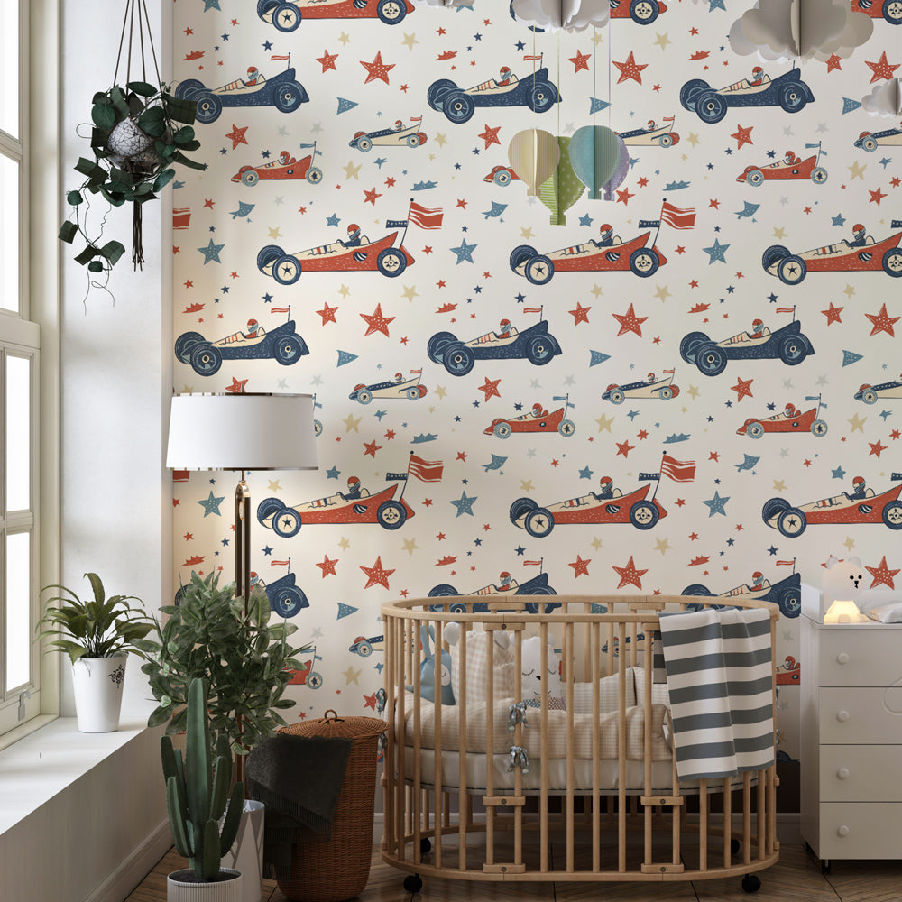 Racing car wallpaper with starry sky design in modern nursery setting Kids-Mundo