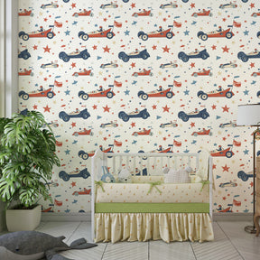 Retro racing cars wallpaper transforming colorful kids playroom by Kids-Mundo
