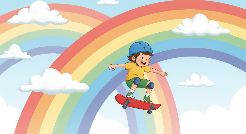 Kids-Mundo skateboarder artwork jumping through a rainbow arch, a made to measure design