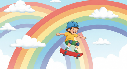 Kids-Mundo skateboarder artwork jumping through a rainbow arch, a made to measure design