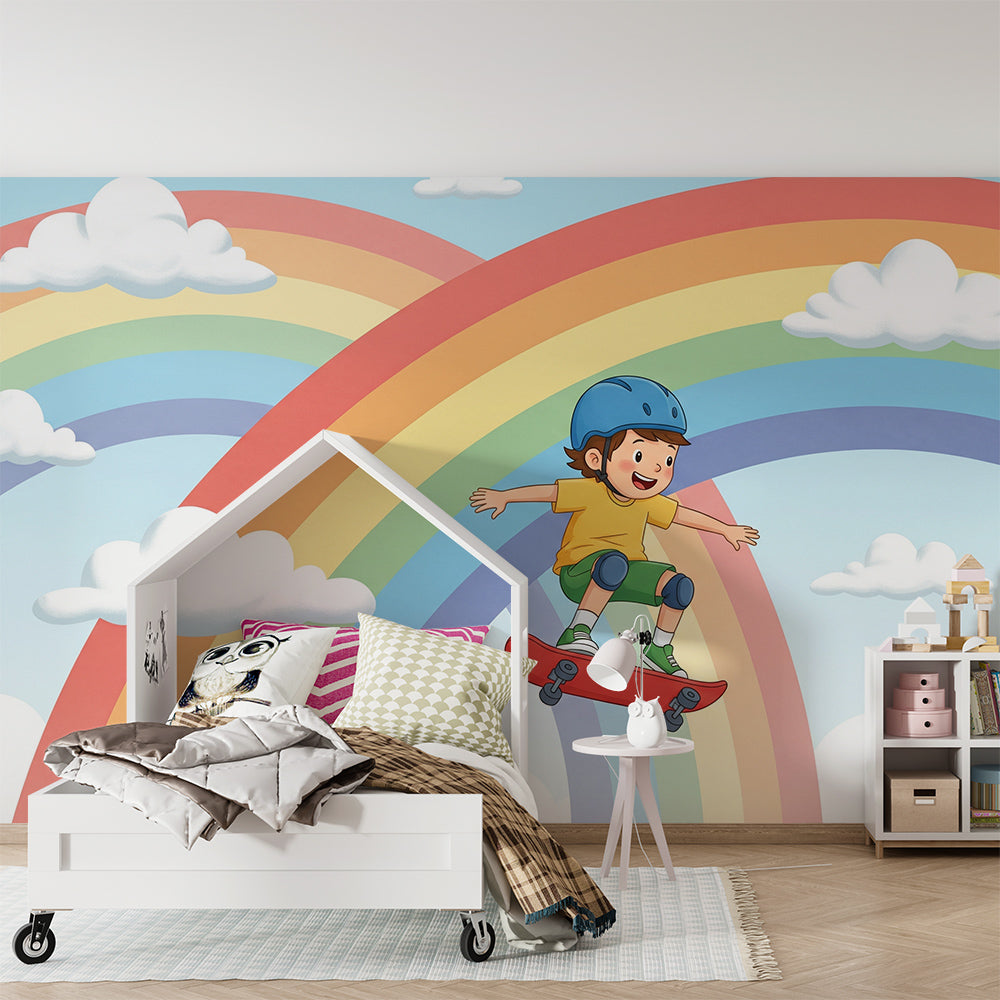 Kids-Mundo rainbow arch wall mural brightening a fun, colourful children's playroom