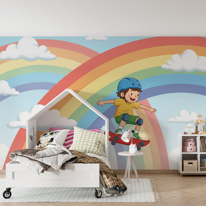 Kids-Mundo rainbow arch wall mural brightening a fun, colourful children's playroom
