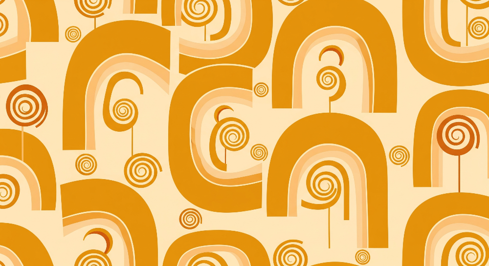 Flat artwork of the Kids-Mundo mustard rainbow arches interlocking with orange spiral swirls