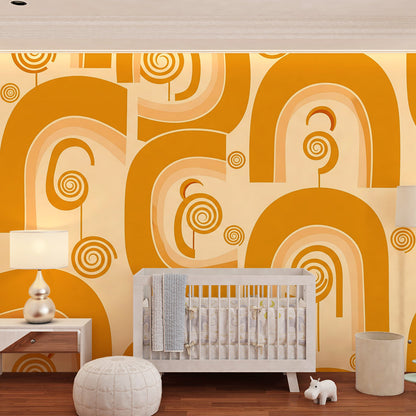 Playroom decorated with the Kids-Mundo orange rainbow arches and swirls wall mural