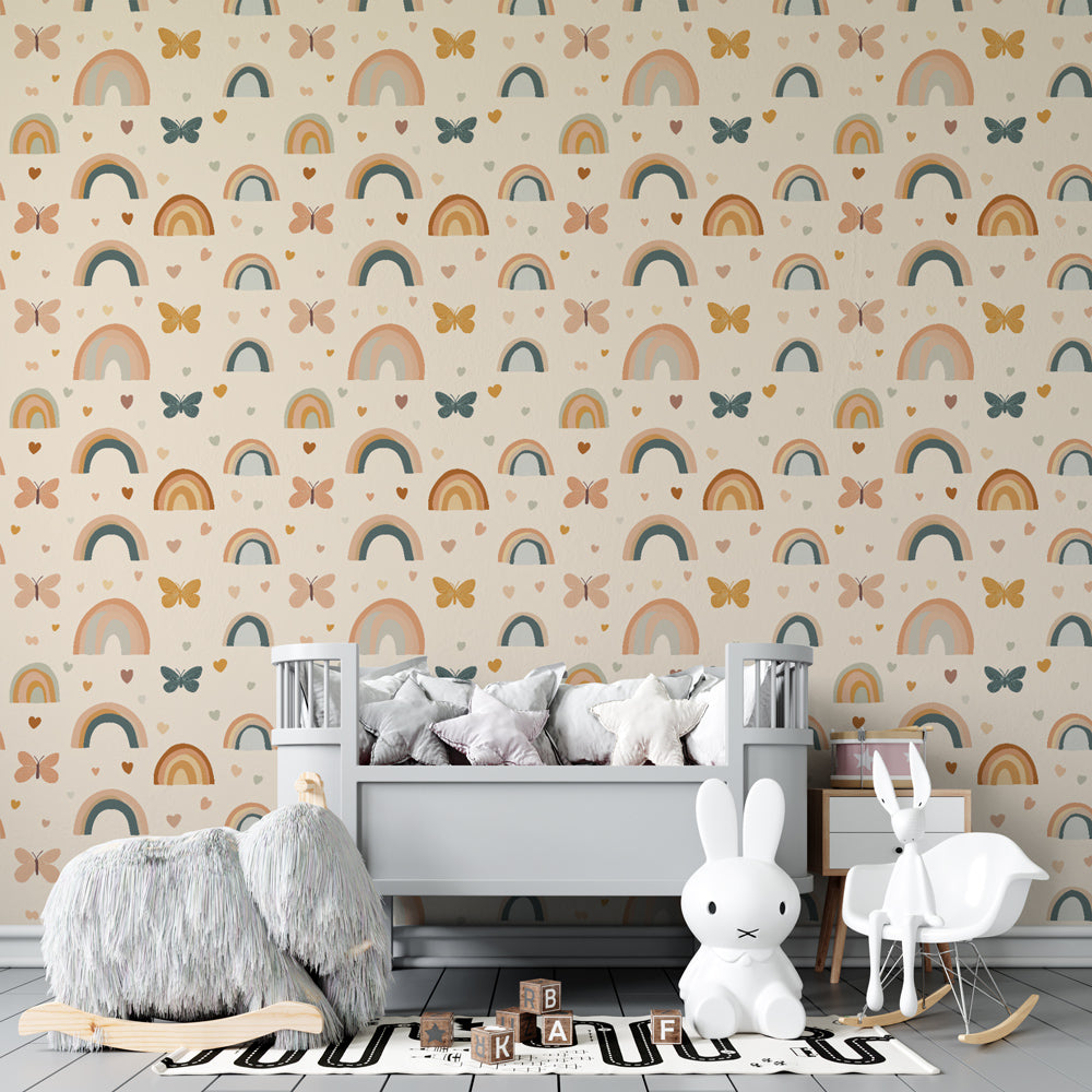 Pastel rainbow and butterfly wallpaper in modern children's bedroom setting
