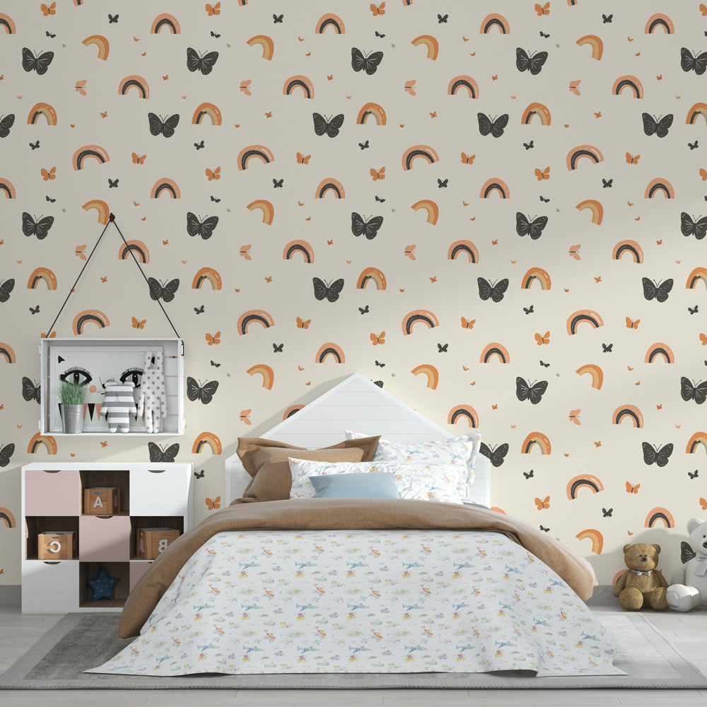 Pastel butterfly wallpaper transforming children's bedroom into whimsical space by Kids-Mundo