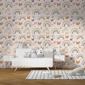 Vibrant rainbow butterfly mural wallpaper for children's playroom featuring pastel colors