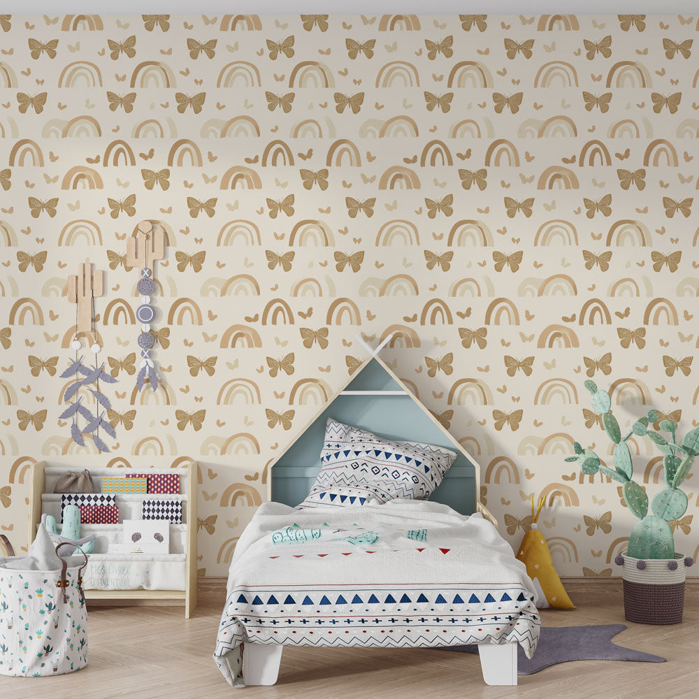 Whimsical rainbow and butterfly mural wallpaper in bright kids playroom with cream base design