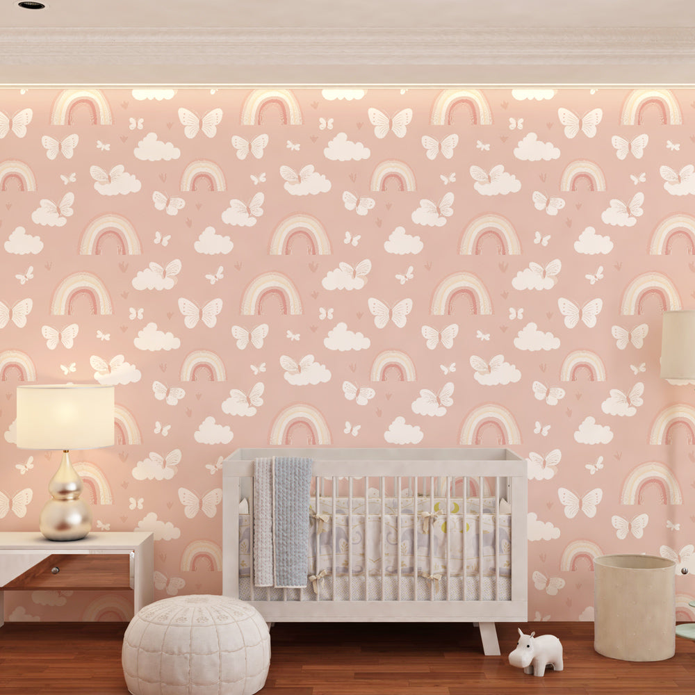 Colorful butterfly and rainbow mural wallpaper transforming children's playroom into wonderland