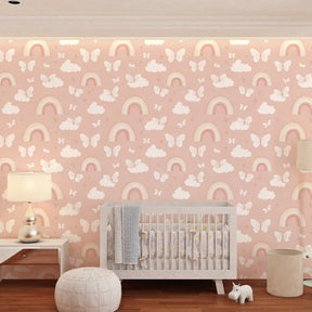 Colorful butterfly and rainbow mural wallpaper transforming children's playroom into wonderland