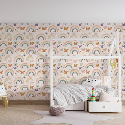 Kids-Mundo colourful rainbow butterfly wall mural on a girl's bedroom feature wall