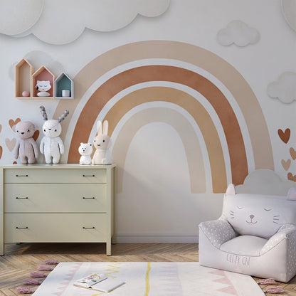 Kids-Mundo rainbow and clouds wall mural as a cosy feature wall in a kids' bedroom