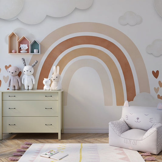 Kids-Mundo rainbow and clouds wall mural as a cosy feature wall in a kids' bedroom