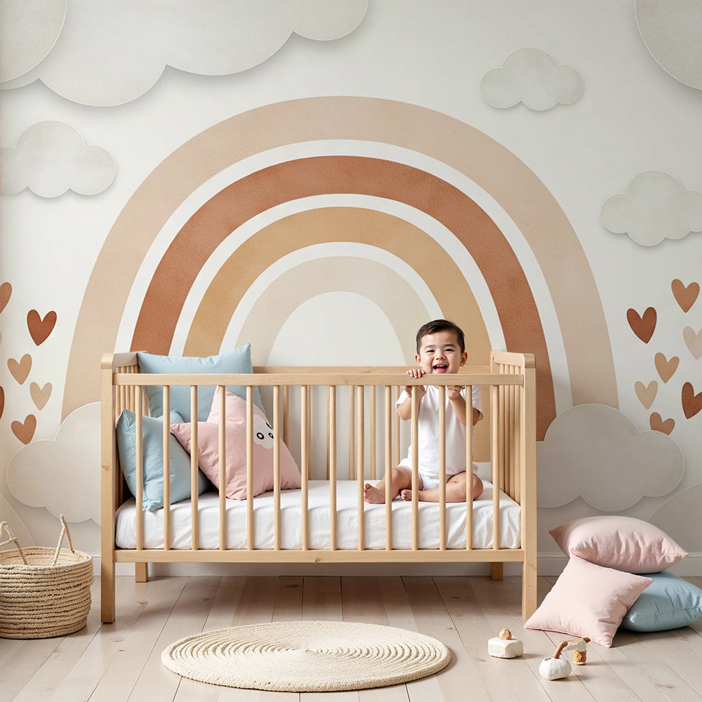 Kids-Mundo terracotta rainbow wall mural with clouds and hearts in a warm nursery