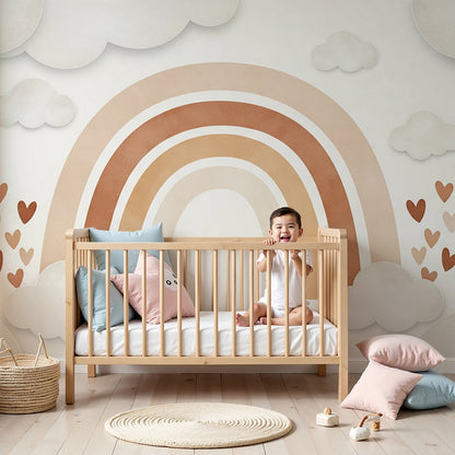 Kids-Mundo terracotta rainbow wall mural with clouds and hearts in a warm nursery