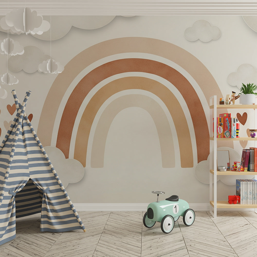 Kids-Mundo terracotta rainbow wall mural brightening a playroom reading corner