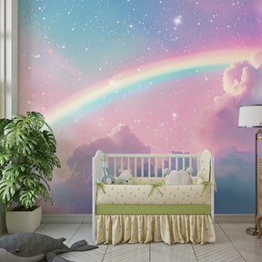 Enchanting rainbow and clouds wallpaper transforming baby bedroom into dreamy sanctuary