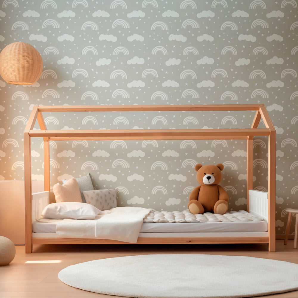 Soft sky rainbow wallpaper creating dreamy atmosphere in children's bedroom decor