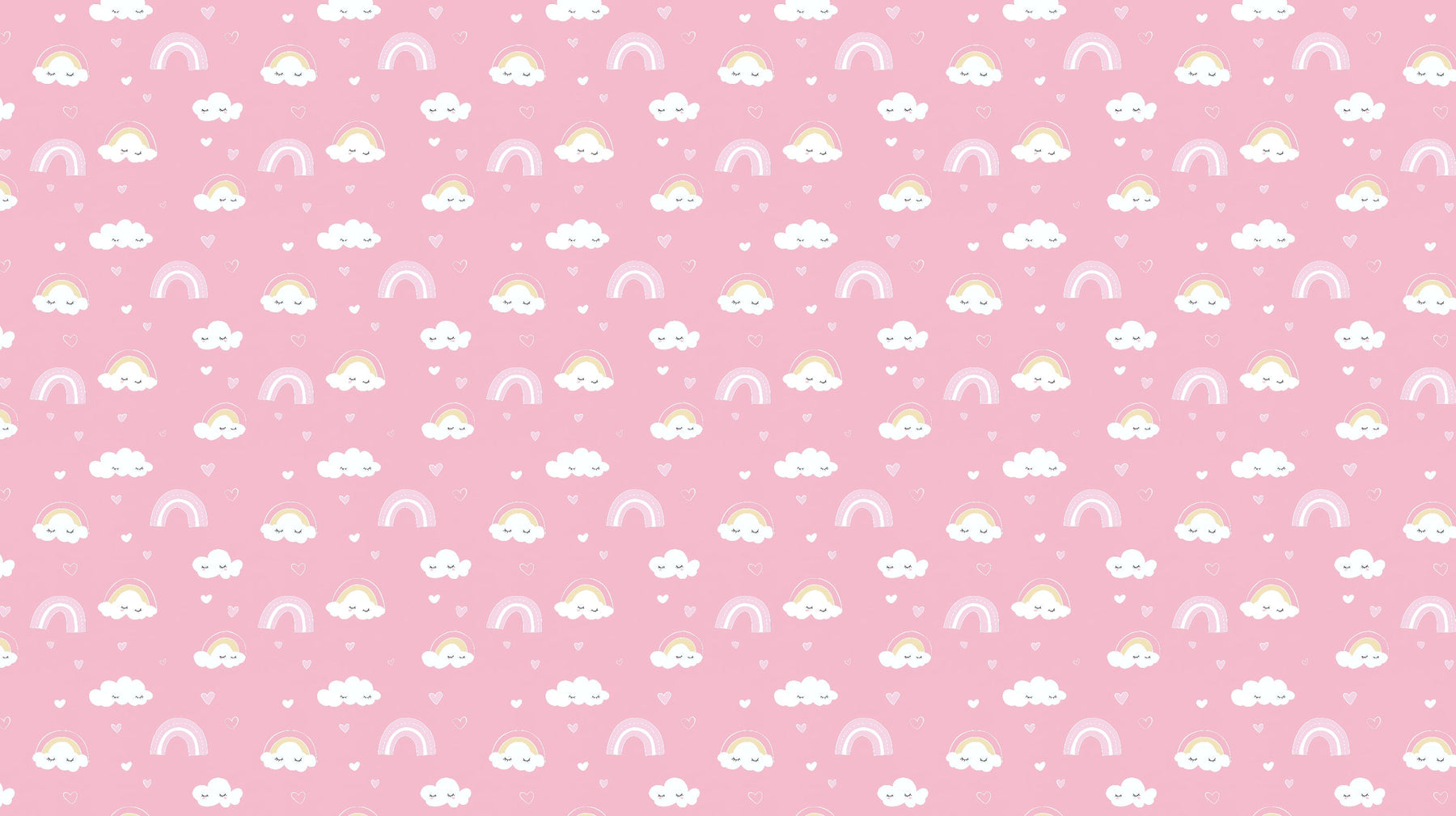 Detailed rainbow clouds mural wallpaper design pattern with hearts on soft pink background by Kids-Mundo