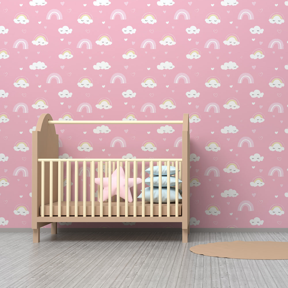 Whimsical rainbow and cloud mural wallpaper transforming children's bedroom into dreamy space