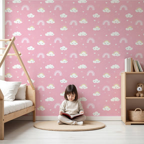 Rainbow clouds mural wallpaper creating magical nursery atmosphere with soft pink tones by Kids-Mundo