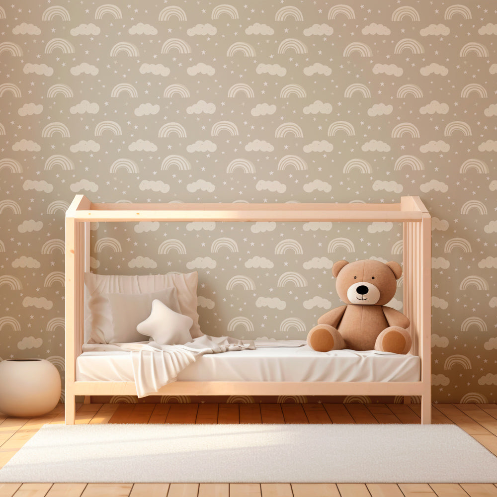 Whimsical rainbow clouds wallpaper transforming kids playroom with magical sky theme